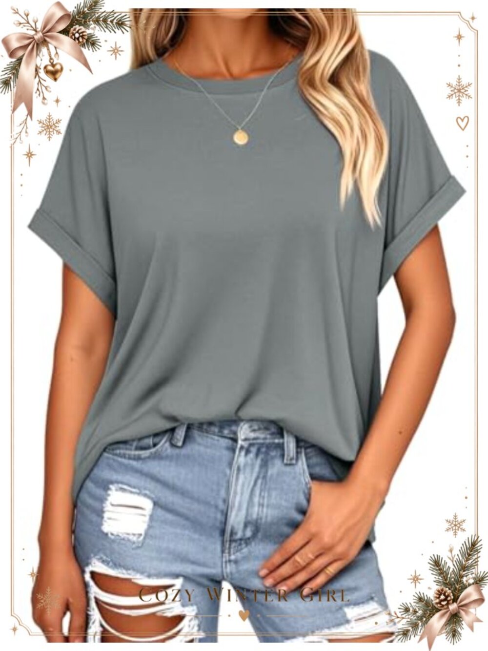 Womens Oversized T-Shirt Rolled Short Sleeve Loose Fit Crew Neck Casual Top